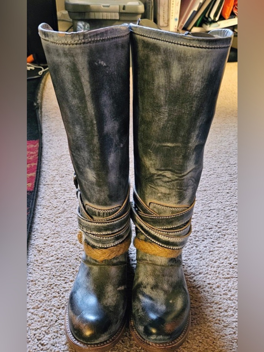 Freebird Women’s Tall Riding Boots in Distressed Gray Blue with Strap Detail